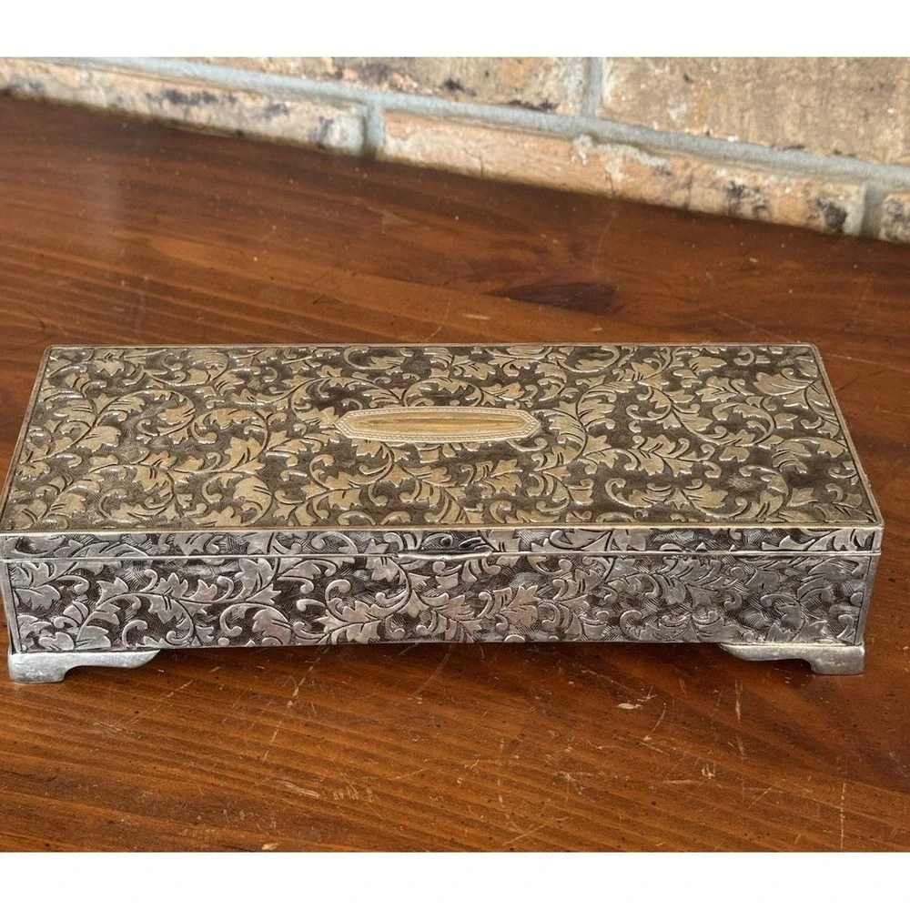Vintage Jewelry Casket Silver Tone Floral Etched‎ Box w/ Red Velvet Lining Heavy